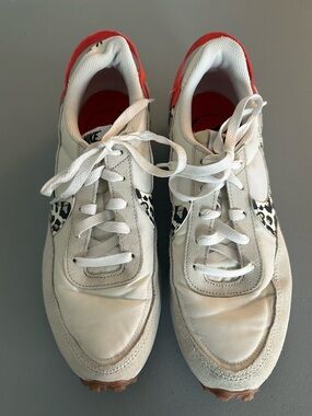 Nike Women's White Sneakers with Red Collar and Leopard Swoosh